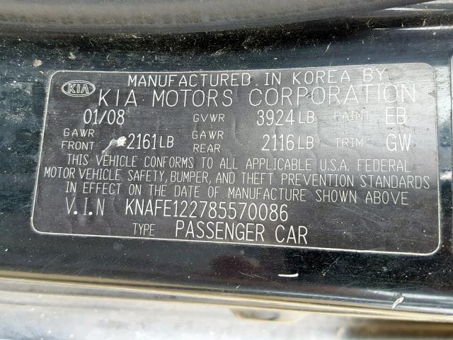 KNAFE122785570086 - 2008 KIA SPECTRA EX BLACK photo 10