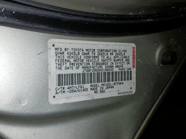 JT8BF28G9X0188000 - 1999 LEXUS ES 300 GRAY photo 10