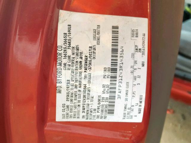 3FAFP31Z43R143564 - 2003 FORD FOCUS ZX3 RED photo 10