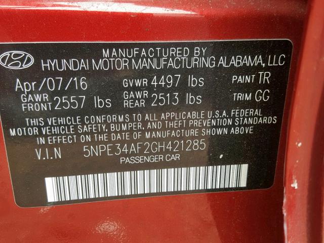 5NPE34AF2GH421285 - 2016 HYUNDAI SONATA SPO MAROON photo 10