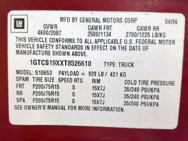 1GTCS19XXT8526610 - 1996 GMC SONOMA RED photo 10