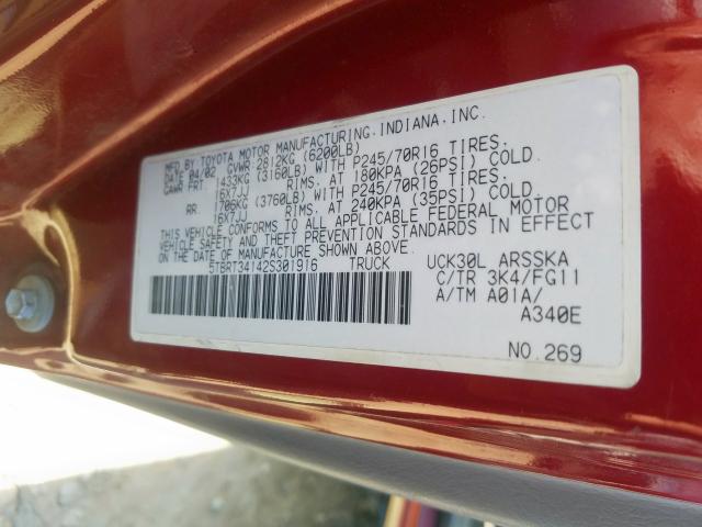 5TBRT34142S301916 - 2002 TOYOTA TUNDRA ACCESS CAB  photo 10