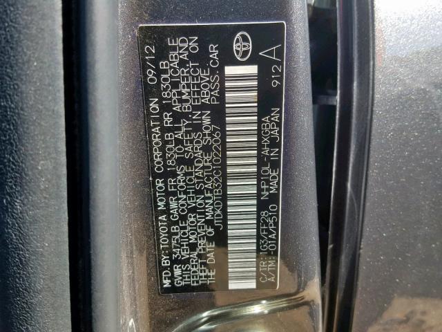 JTDKDTB32C1022067 - 2012 TOYOTA PRIUS C GRAY photo 10