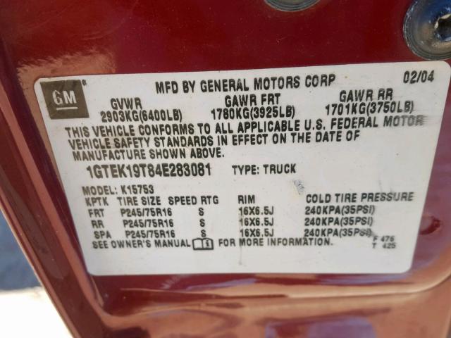 1GTEK19T84E283081 - 2004 GMC NEW SIERRA BURGUNDY photo 10