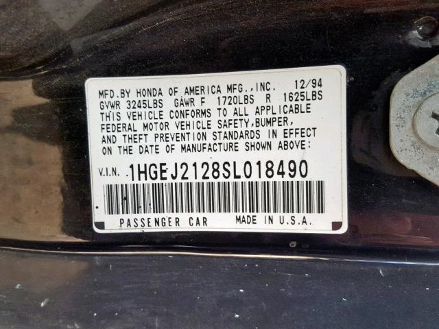 1HGEJ2128SL018490 - 1995 HONDA CIVIC DX BLACK photo 10