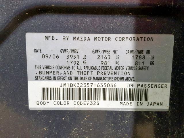 JM1BK323571635036 - 2007 MAZDA 3 S GRAY photo 10