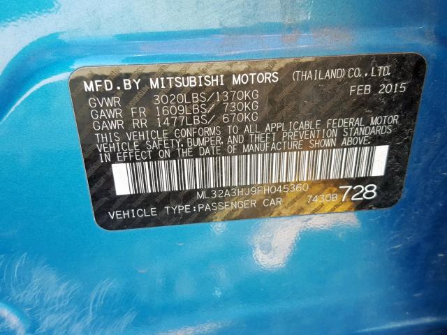 ML32A3HJ9FH045360 - 2015 MITSUBISHI MIRAGE DE BLUE photo 10