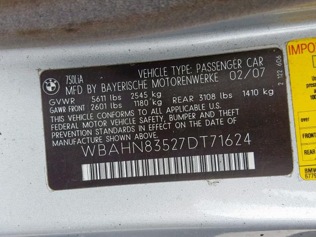 WBAHN83527DT71624 - 2007 BMW 750 SILVER photo 10