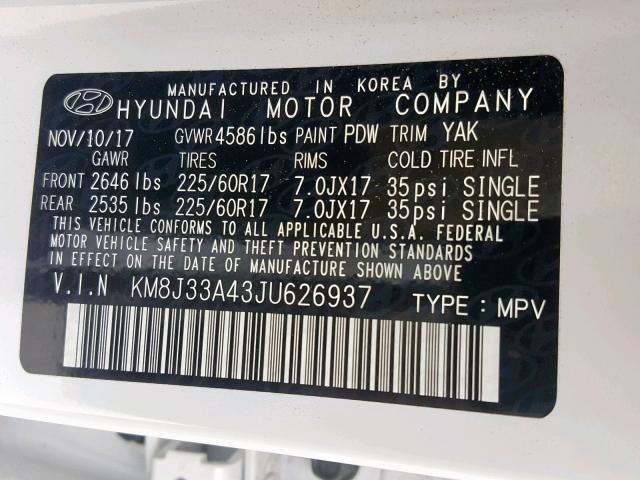 KM8J33A43JU626937 - 2018 HYUNDAI TUCSON SEL WHITE photo 10