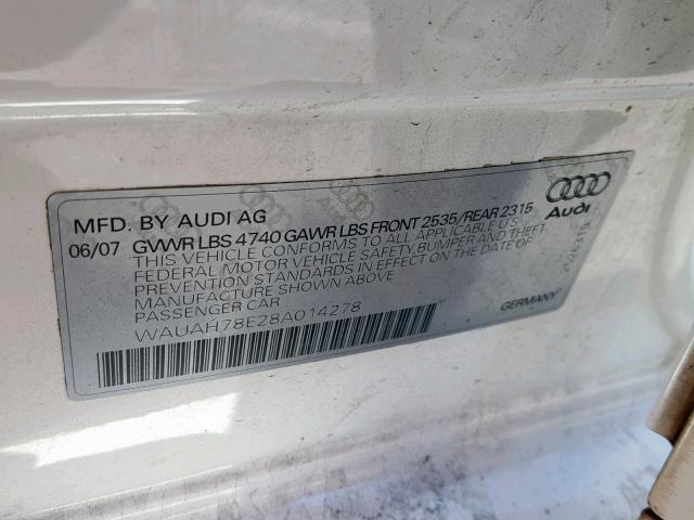 WAUAH78E28A014278 - 2008 AUDI A4 3.2 WHITE photo 10