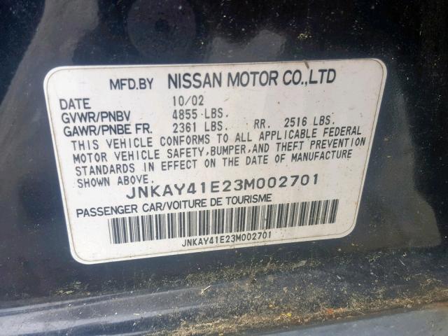 JNKAY41E23M002701 - 2003 INFINITI M45 BLACK photo 10