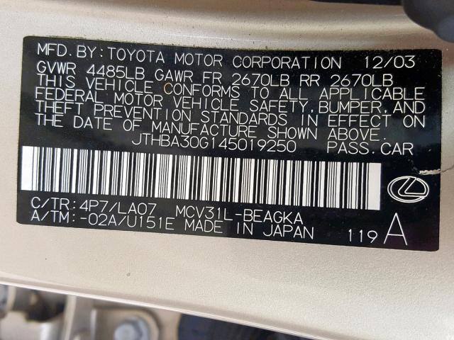 JTHBA30G145019250 - 2004 LEXUS ES 330 GOLD photo 10