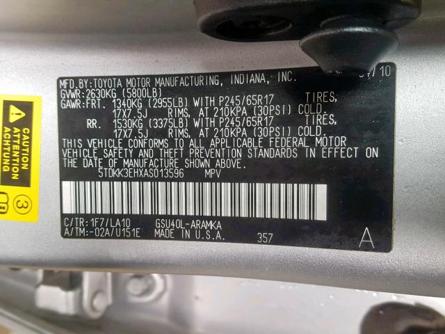 5TDKK3EHXAS013596 - 2010 TOYOTA HIGHLANDER SILVER photo 10