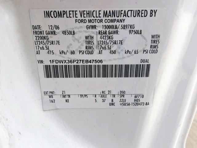 1FDWX36P27EB47506 - 2007 FORD F350 SUPER WHITE photo 10