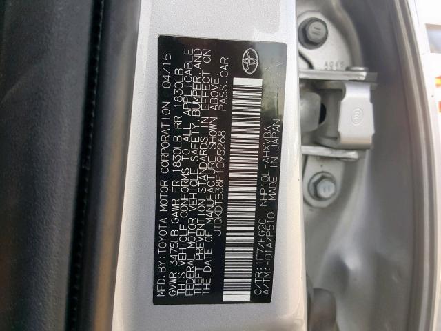 JTDKDTB38F1095268 - 2015 TOYOTA PRIUS C SILVER photo 10