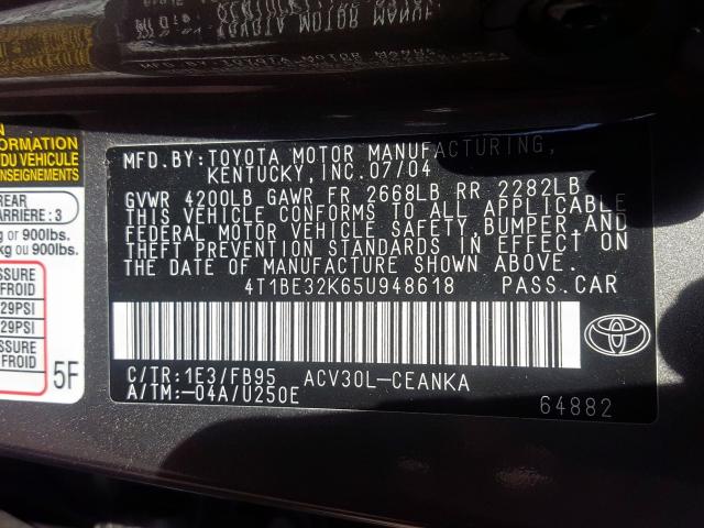 4T1BE32K65U948618 - 2005 TOYOTA CAMRY LE  photo 10
