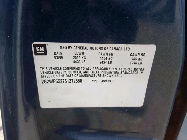 2G2WP552761272558 - 2006 PONTIAC GRAND PRIX BLUE photo 10