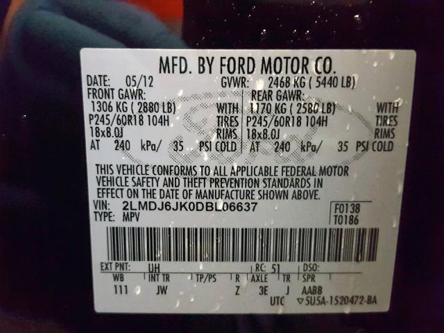 2LMDJ6JK0DBL06637 - 2013 LINCOLN MKX BLACK photo 10