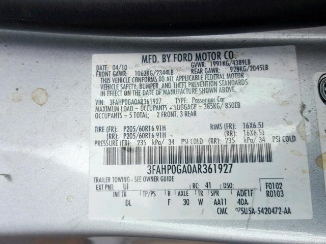 3FAHP0GA0AR361927 - 2010 FORD FUSION S SILVER photo 10