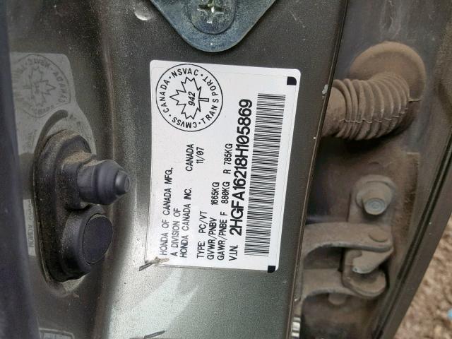 2HGFA16218H105869 - 2008 HONDA CIVIC DX GRAY photo 10