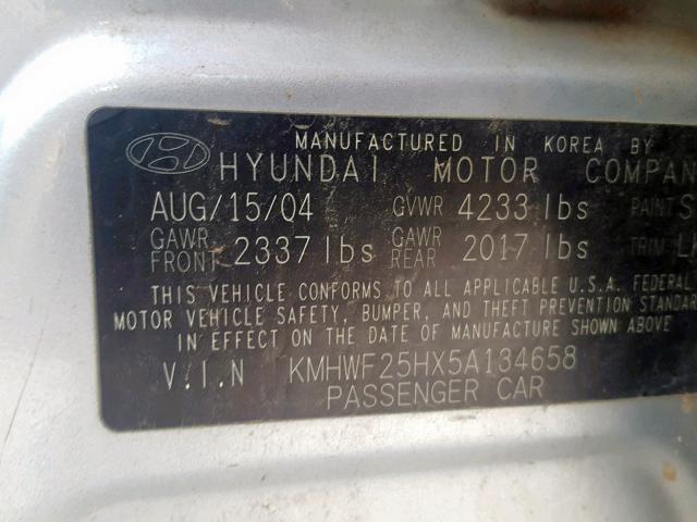 KMHWF25HX5A134658 - 2005 HYUNDAI SONATA GL SILVER photo 10