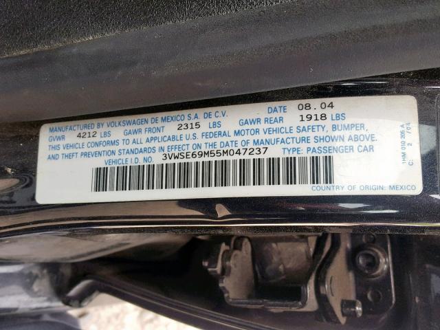 3VWSE69M55M047237 - 2005 VOLKSWAGEN JETTA GLI BLACK photo 10