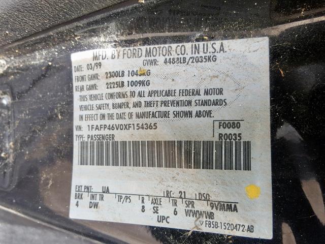 1FAFP46V0XF154365 - 1999 FORD MUSTANG CO BLACK photo 10