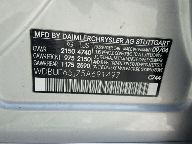 WDBUF65J75A691497 - 2005 MERCEDES-BENZ E 320 SILVER photo 10