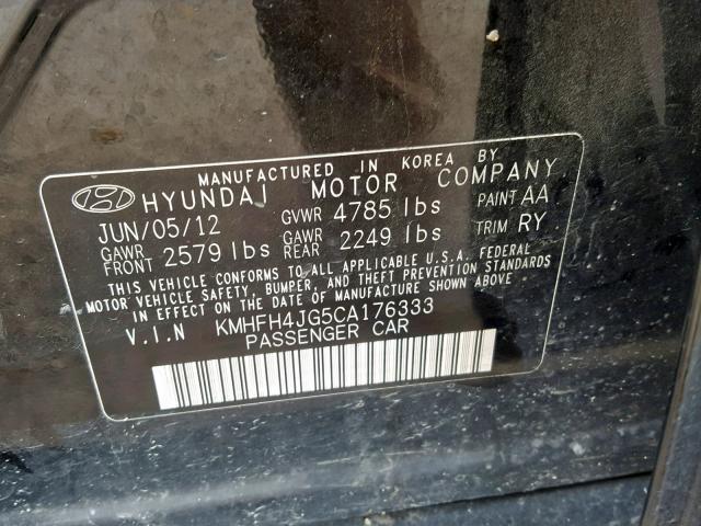 KMHFH4JG5CA176333 - 2012 HYUNDAI AZERA GLS BLACK photo 10