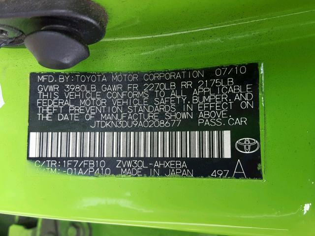 JTDKN3DU9A0208677 - 2010 TOYOTA PRIUS GREEN photo 10