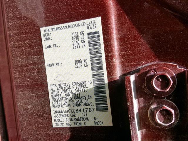 1N4AA5AP7CC841767 - 2012 NISSAN MAXIMA S 栗色 照片 10