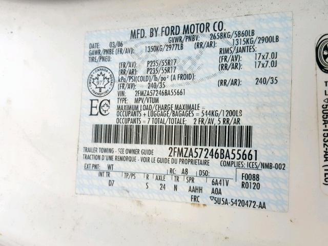 2FMZA57246BA55661 - 2006 FORD FREESTAR S WHITE photo 10