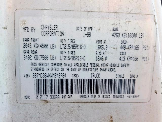 3B7MC36WXWM248784 - 1998 DODGE RAM 3500 WHITE photo 10