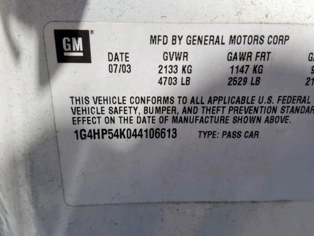 1G4HP54K044106613 - 2004 BUICK LESABRE CU WHITE photo 10