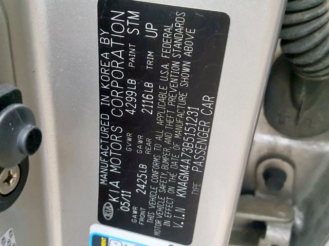 KNAGM4A73B5151231 - 2011 KIA OPTIMA LX SILVER photo 10