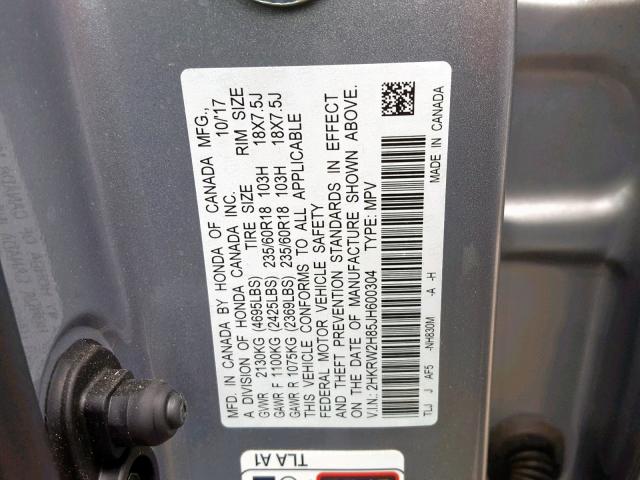 2HKRW2H85JH600304 - 2018 HONDA CR-V EXL SILVER photo 10