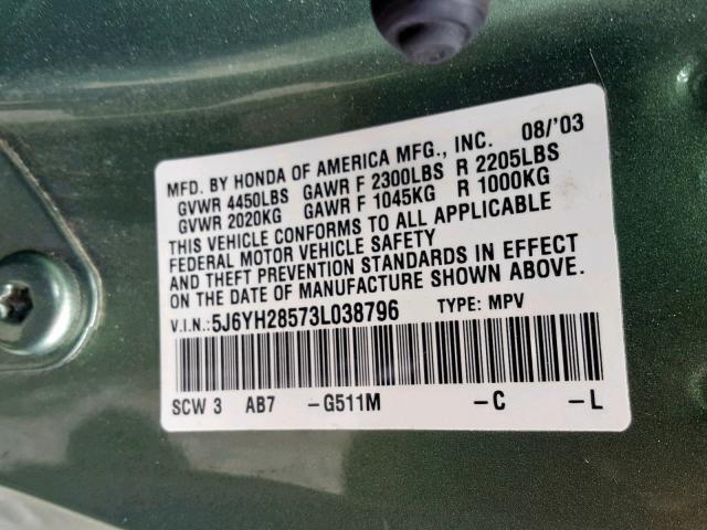 5J6YH28573L038796 - 2003 HONDA ELEMENT EX GREEN photo 10