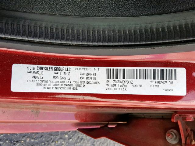 1C3CCBAG8DN724365 - 2013 CHRYSLER 200 LX RED photo 10