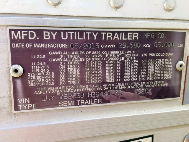 1UYVS2538H3944073 - 2017 UTILITY TRAILER WHITE photo 10