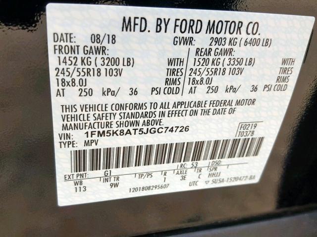 1FM5K8AT5JGC74726 - 2018 FORD EXPLORER P BLACK photo 10