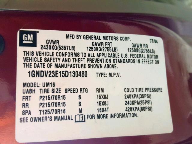 1GNDV23E15D130480 - 2005 CHEVROLET VENTURE LS RED photo 10