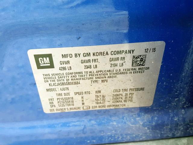 KL4CJASB5GB593684 - 2016 BUICK ENCORE BLUE photo 10