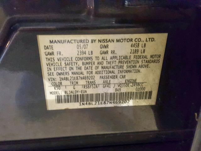 1N4BL21E87N469202 - 2007 NISSAN ALTIMA 3.5 GRAY photo 10