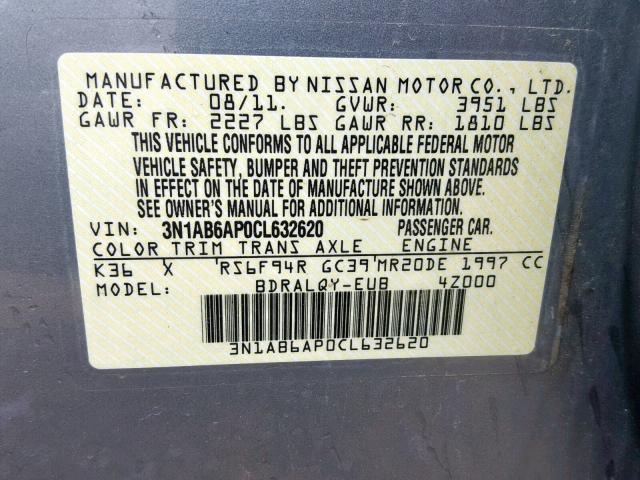 3N1AB6AP0CL632620 - 2012 NISSAN SENTRA 2.0 SILVER photo 10