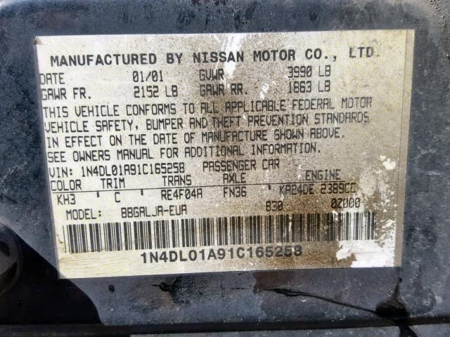 1N4DL01A91C165258 - 2001 NISSAN ALTIMA GXE BLACK photo 10