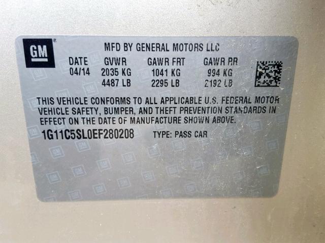 1G11C5SL0EF280208 - 2014 CHEVROLET MALIBU 1LT 银色 照片 10