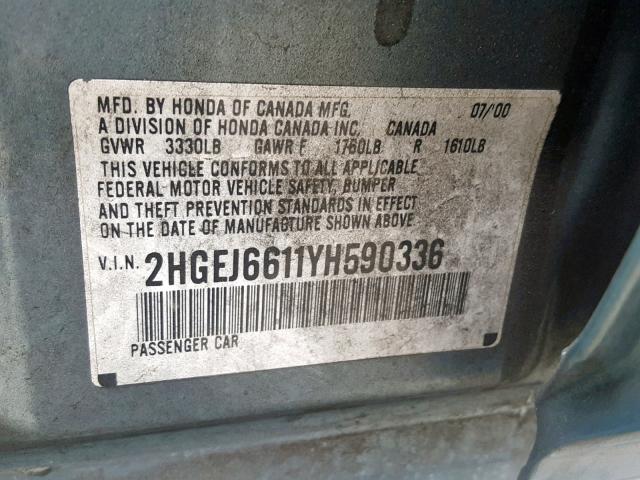 2HGEJ6611YH590336 - 2000 HONDA CIVIC BASE TEAL photo 10