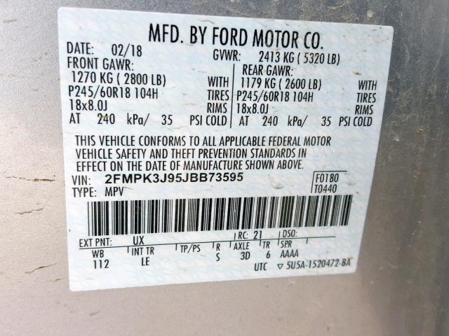 2FMPK3J95JBB73595 - 2018 FORD EDGE SEL SILVER photo 10