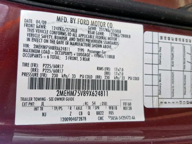 2MEHM75V89X624811 - 2009 MERCURY GRAND MARQ BURGUNDY photo 10