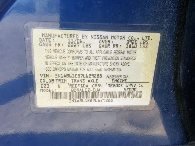 3N1AB61E87L629288 - 2007 NISSAN SENTRA 2.0 BLUE photo 10